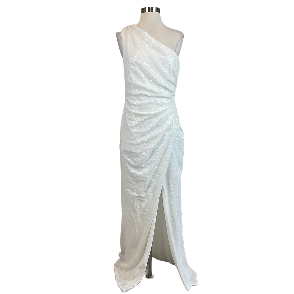 AQUA White Evening Gown Sequin One Shoulder Thigh Slit Long Formal Column Dress - Picture 2 of 12